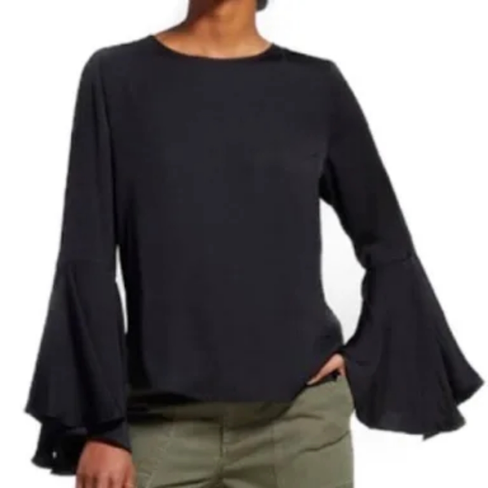 Who What Wear Blouse Black Silky Long Bell Sleeves Button Closure At Nec…